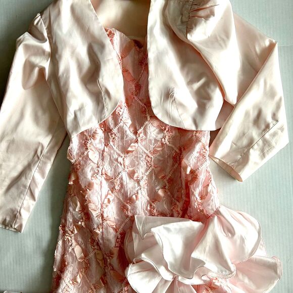VTG 80s Blush Pink Lace and Satin Strapless Ruffle Dress with Bolero, 13/14 Jr. - Picture 5 of 11